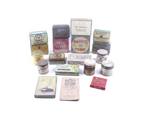 An collection of vintage advertising product tins,mostly tobacco related. Including Marmite Cubes, Wills Gold Flake Cigarette