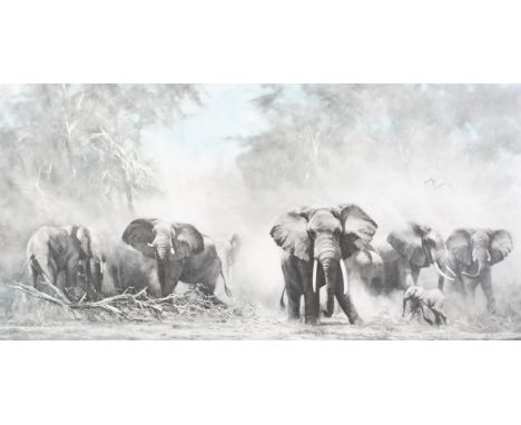 David Shepherd (1931-2017), signed print, 'Elephants at Amboseli'. Signed in pencil lower right, 60cm x 107cm, framed and gla