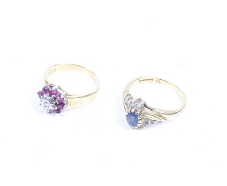 Two vintage 18ct gold sapphire or ruby and diamond cluster rings. The ruby centred with a small diamond within a round ruby e