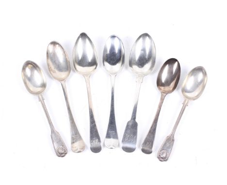 A collection of George II and later silver flatware. Comprising a pair of crested Hanovarian pattern 'bottom-marked' table sp