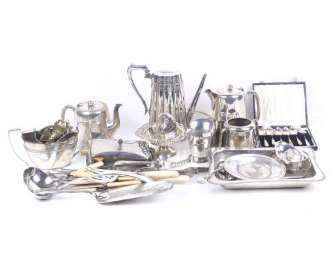 A collection of silver plated items and flatware. To include an oval-fluted straight-tapering coffee pot; a Hotel plate four 