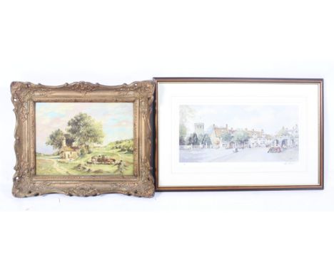 A Sturgeon signed limited edition print, 'Somerton' and a 20th century oil on canvas. The print no. 407/850, 25cm x 50cm, fra