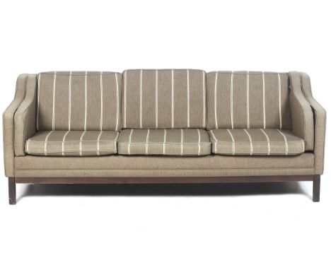 A Børge Mogensen (Danish, 1914-1972), upholstered three-seater sofa. Olive green with a cream tram line stripe, raised on woo