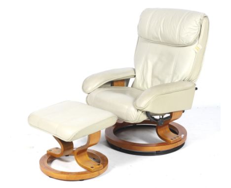 A contemporary unbranded light grey leather recliner swivel lounger armchair and footstool. Circular plywood base with bent w
