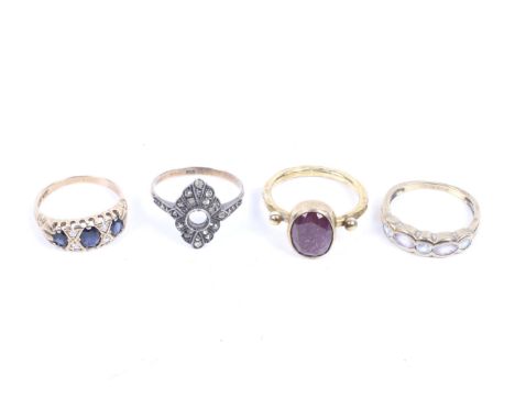 A group of four gem-set rings. Comprising a 9ct gold sapphire and diamond ring set with three graduated oval sapphires with s