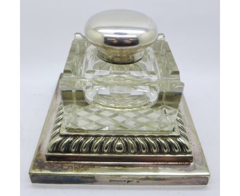 A large, heavy silver plate and glass inkwell, by Walker &amp; Hall, base 15cm x 15cm