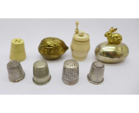 A Charles Horner silver thimble, two other silver thimbles, other thimbles and cases