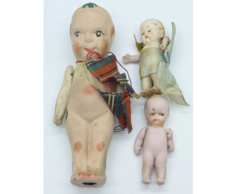 "Fums Up" WWI mascot Kewpie all bisque figure with two all bisque miniature dolls