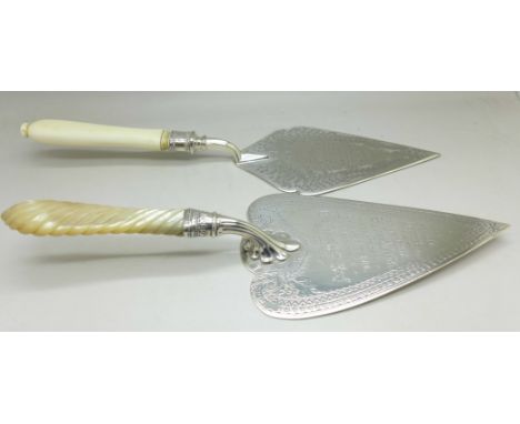 A Victorian silver and mother of pearl commemorative trowel and one other in silver plate and ivory with inscription dated 19