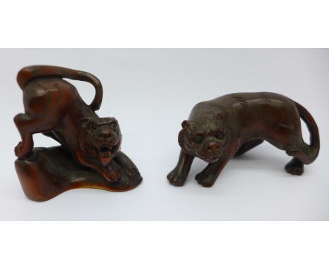 Two tiger netsuke figures, one signed