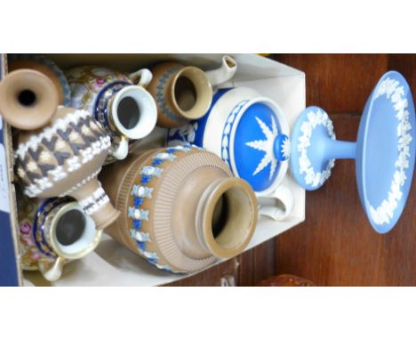 A teapot marked Copeland Late Spode, four Doulton vases, a pair of Noritake vases and a Wedgwood comport
