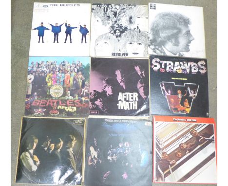 Ten LP records, The Beatles, Rolling Stones, etc.