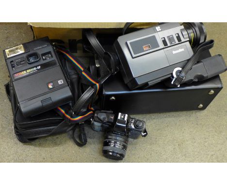 A Beaulieu camcorder, two pairs of binoculars, a Minolta X-300S film camera, Polaroid camera, etc.