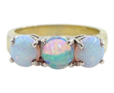 silver-gilt three stone opal ring, stamped Sil