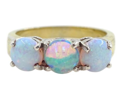 silver-gilt three stone opal ring, stamped Sil