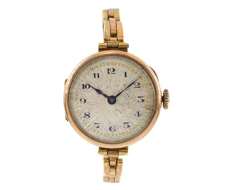 Early 20th century 9ct gold manual wind wristwatch, London import marks 1921, on rose gold spring loaded expanding strap, sta