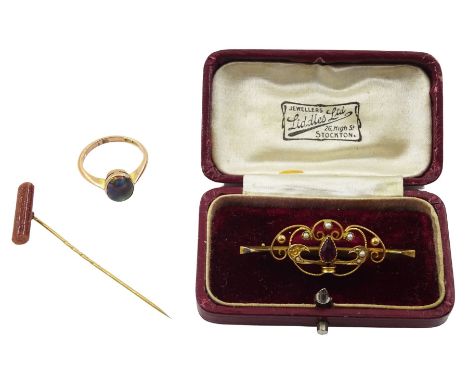 Rose gold single stone oval opal ring and a gold amethyst split pearl brooch, both stamped 9ct and a gilt goldstone stick pin