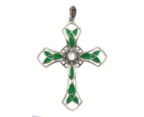 Silver plique-a-jour, mother of pearl and marcasite cross pendant, stamped 925