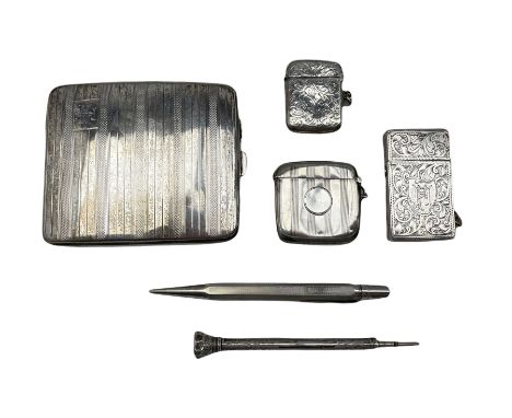 Two silver vesta cases , silver cigarette case, Yard-O-Led pencil, one other pencil and a lighter marked 'Sterling Silver'