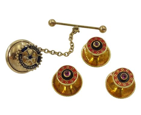 Three 18ct gold red enamel and stone set shirt studs by Deakin &amp; Francis, London 1990 and one other 9ct gold Rotary Inter