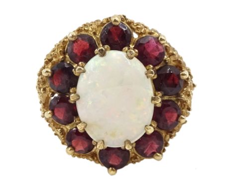 9ct gold oval opal and garnet cluster ring, hallmarked