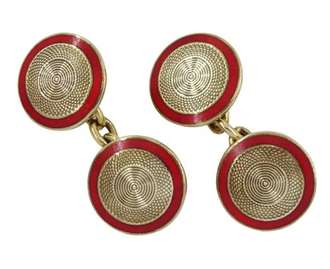 Pair of 9ct gold red enamel cufflinks with engine turned decoration by Deakin &amp; Francis, Birmingham 1993