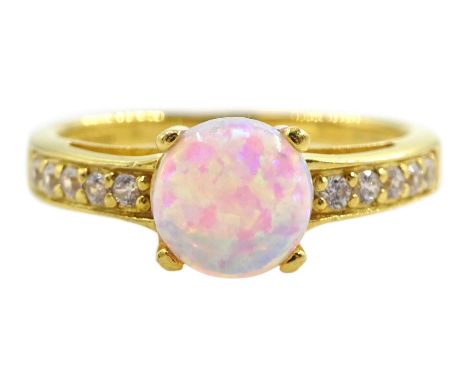 Silver-gilt opal ring with cubic zirconia shoulders, stamped 925