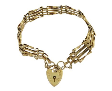 9ct gold four bar gate bracelet, with heart locket clasp, hallmarked, approx 9.55gm
