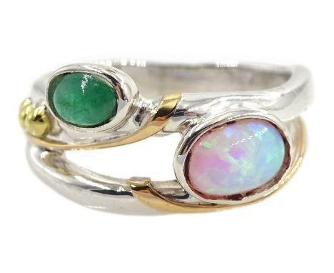 Silver and 14ct gold wire opal and emerald ring, stamped 925