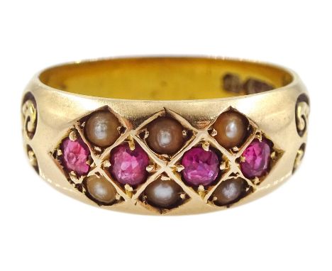 Victorian 15ct gold ruby and split pearl gypsy set ring, Birmingham 1890