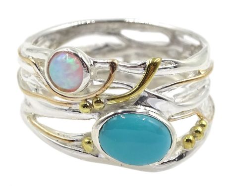 Silver and 14ct gold wire turquoise and opal ring, stamped 925