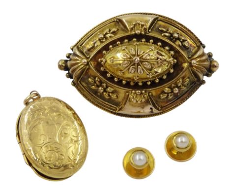 Victorian gold mourning brooch, pair of gold pearl shirt studs both tested 15ct and an Edwardian 9ct gold locket, Chester 190