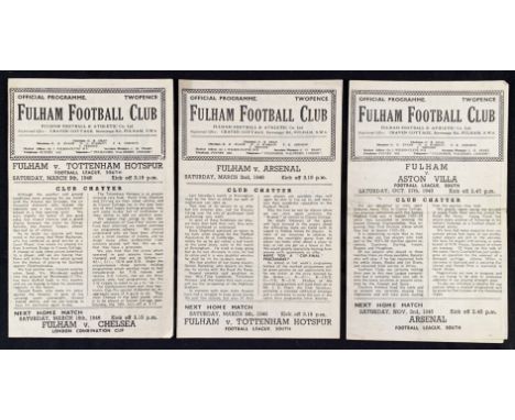 1945/1946 War League South match programmes Fulham v Aston Villa 27 October 1945, v Tottenham Hotspur (9 March 1946) and v Ar