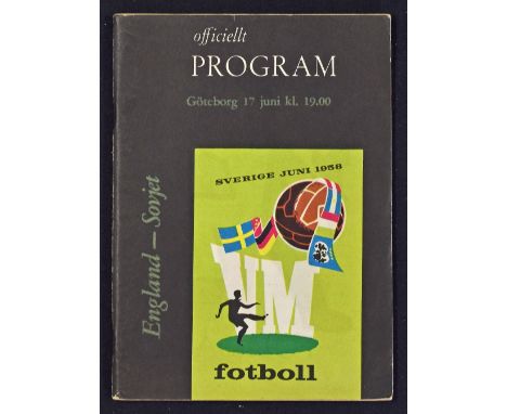 1958 World Cup group play-off match programme England v USSR at Goteborg 17 June 1958. Good. 