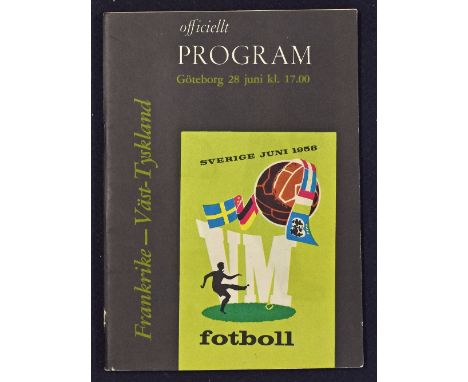 1958 World Cup 3rd/4th place match programme France v West Germany at Goteborg 28 June 1958. Good.