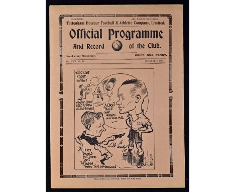 1937/1938 Tottenham Hotspur v Manchester Utd Division 2 match programme 9 October 1937 at White Hart Lane. Good to very good,