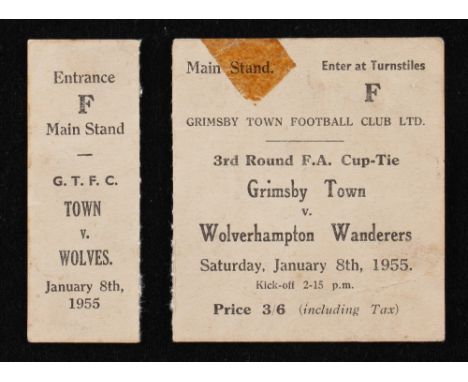 1954/1955 FA Cup match ticket Grimsby Town v Wolverhampton Wanderers 8 January 1955 at Blundell Park, has counterfoil. Fair, 