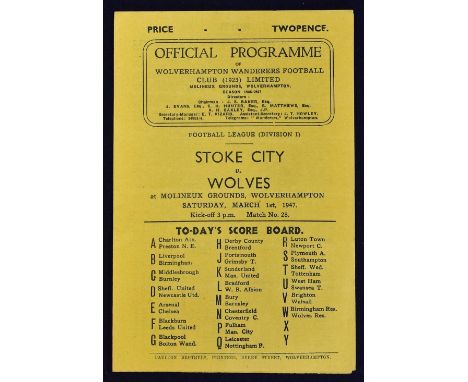 1946/1947 Wolverhampton Wanderers v Stoke City football programme 1 March 1947, 4 pager. Good.