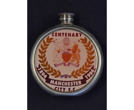 Manchester City Centenary 1894 - 1994 pewter hip flask, has the Manchester coat of arms with laurel surround and Manchester C