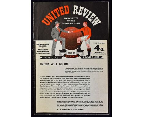 1957/1958 Manchester Utd v Sheffield Wednesday FA Cup match programme 19 February 1958; programme no. 21. No team changes, to