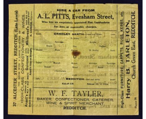 Pre-War 1922/1923 Redditch FC v Cradley Heath match programme 24 February 1923, 4 pages. Good, has creases, small mark.
