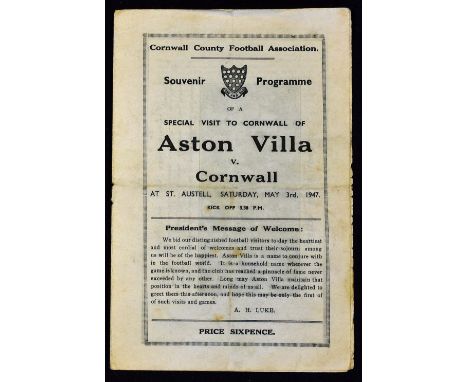 1947 Cornwall v Aston Villa souvenir football programme for the friendly match dated 3 May 1947 at St. Austell. Scarce issue,