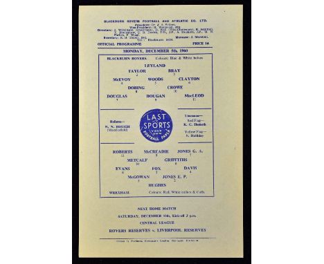 1960 Blackburn Rovers v Wrexham Football League Cup 4th Round Programme date 5 Dec single sheet, light centre fold, o/w in go