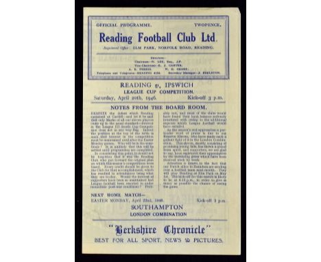 1945/1946 War League Cup Reading v Ipswich Town football programme 20 April 1946 match programme.  Good.