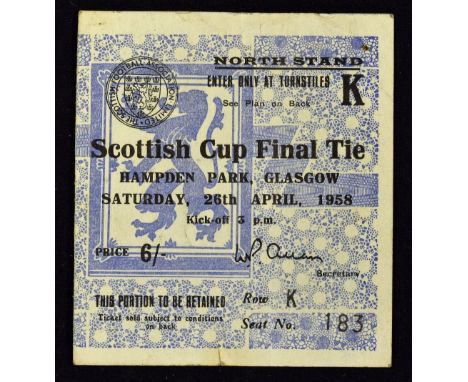 1958 Scottish Cup Final Ticket with photocopy photo of the winners Clyde football team centre fold with 2 small splits top an