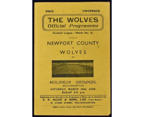 1945/1946 Wolverhampton Wanderers v Newport County war league 4 page match programme. Good.