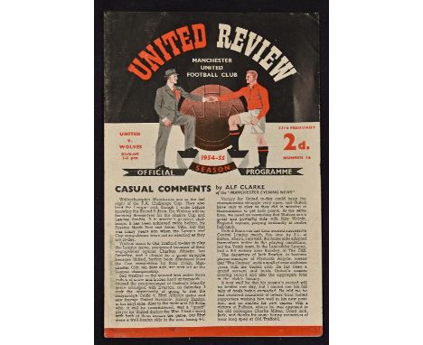 1954/1955 Manchester Utd v Wolverhampton Wanderers match programme dated 23 February 1955 No. 16, 4 pager, Slight crease, no 