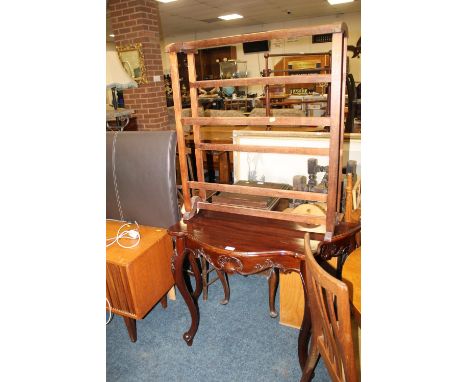 A REPRODUCTION CONSOLE TABLE, ANTIQUE TOWEL RAIL + A MODERN HEADBOARD  (3)