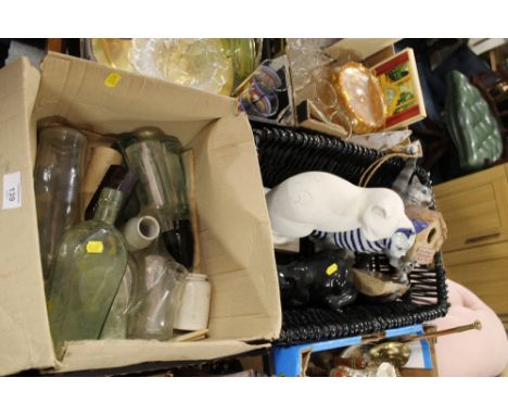 A BASKET OF CAT FIGURES & A BOX OF VINTAGE GLASS BOTTLES