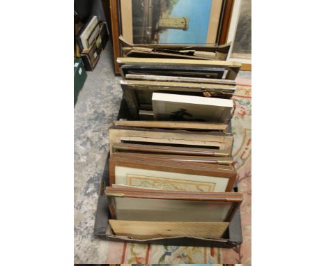 TWO BOXES OF ASSORTED VINTAGE PICTURE FRAMES, PRINTS ETC TO INC BRASS CORNERED EXAMPLES